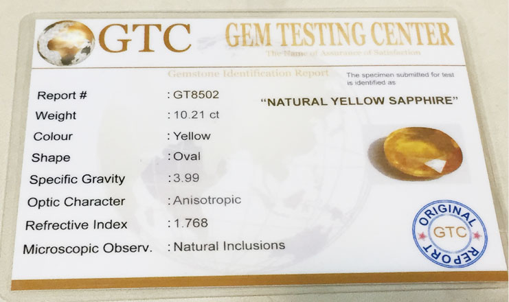 10.21 ct/11.35 ratti Natural Certified Bangkok Pukhraj/Yellow Sapphire